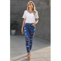 Sky Blue Plaid Patchwork Hollow Out Ripped Jeans