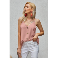 Pink Spaghetti Strap Buttoned Tank Top