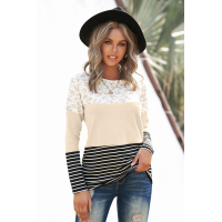 Apricot Leopard and Stripe Color Block Long Sleeve Top