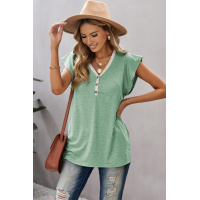 Green V Neck Buttoned Lace Trim Short Sleeve Tee