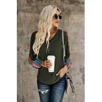 Green Contrast Eyelet Thermal Knit Top