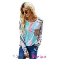 Sequin Pocket Tie-dye Panel Striped Sleeve Top