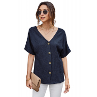 Blue V Neck Button Front Crinkled Blouse