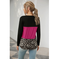 Rosy Leopard Print Color Block Sequin Pocket Top