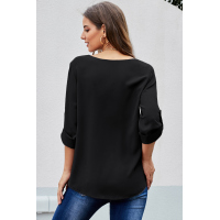 Black Casual V Neck Zip up Half Sleeve Blouse