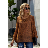 Brown Lantern Sleeve Lace Up Blouse 