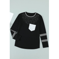 Black Crew Neck Rhinestone Pocket Long Sleeve Top