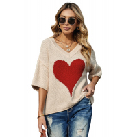 Beige V-neck Dropped Sleeve Heart Print Slouchy Top