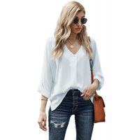 White V Neck 3/4 Sleeve High Low Hem Shirt