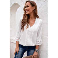 White 3/4 Sleeves Crochet Detail V Neck Blouse