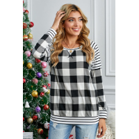 Black Buffalo Plaid Stripe Splicing Long Sleeve Top