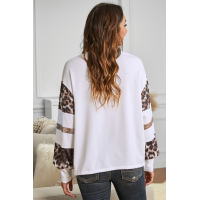 Sequins Patchwork Leopard Print White Crew Collar Long Sleeve Top