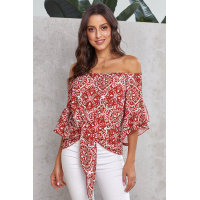 Red Bohemian Floral Print Off The Shoulder Blouse