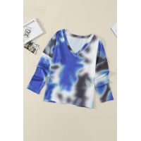 V-neck Knotted Blue Tie-dye Top