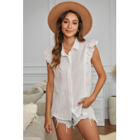 White Sleeveless Button Closure Ruffled Linen Shirt 