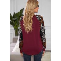 Wine Ethnic Print Raglan Top