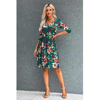 Green Floral 3/4 Sleeve Wrap Dress