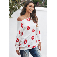 White Valentine’s Day Lip Prints Long Sleeve Top