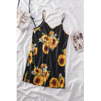 Black Sunflower Pattern Buttoned Slip Cami Dress