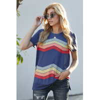 Blue Colorful Wavy Stripes Print Short Sleeve Tee