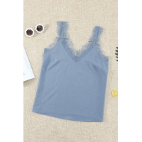 Sky Blue Eyelash V Neck Cami Tank Top