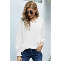 V Neck Lace Patchwork White Blouse