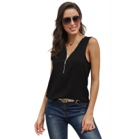 Black Zip Neckline Sleeveless Shirt Tank