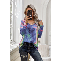 Blue Tie-dye V Neck Long Sleeves Top