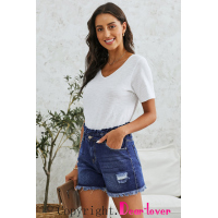 Blue High Rise Ruffle Waist Denim Shorts