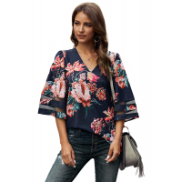 Red 3/4 Flared Sleeve Floral Blouse