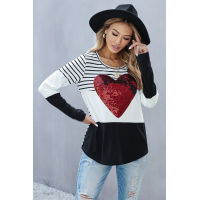 Black Heart Sequins Striped Long Sleeve Top