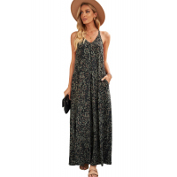 Green Leopard Sleeveless Cut-out Pocketed Maxi Dress