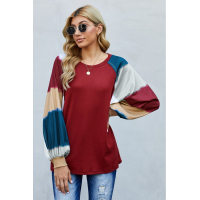 Red Lantern Sleeve Color Block Pullover Loose T-shirts