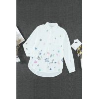 White Butterfly Print Pocketed Shirt