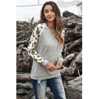 Gray Round Neck Leopard Long Sleeve Top