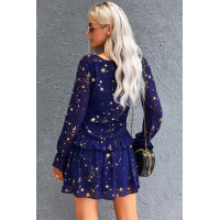 Blue Shimmer Ruffle V Neck Stars Print Long Sleeve Casual Short Dress