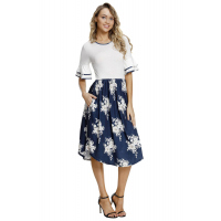 White Top Flora Skirt Layered Bell Sleeve Dress