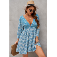 Sky Blue V Neck 3/4 Sleeve Bohemian Vintage Print Mini Dress