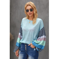 Sky Blue Striped Colorblock Long Sleeve Knit Top