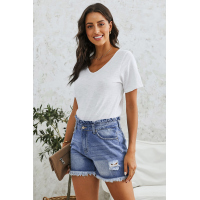 Sky Blue High Rise Ruffle Waist Denim Shorts