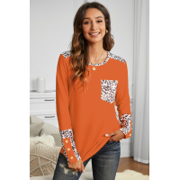 Orange Leopard Splicing Long Sleeve Top with Button Details