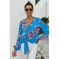 Sky Blue V Neck Long Sleeve Tie Front Blouse