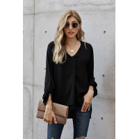 Black V Neck 3/4 Sleeve High Low Hem Shirt