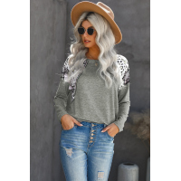 Gray Long Sleeve Top With Leopard Snakeskin Print