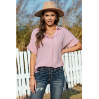 Pink Short Sleeve Button Solid Shirt