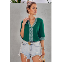 Green Chic Boho V Neckline Half Sleeve Blouse