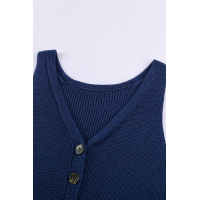 Blue V Neck Striped Pattern Knit Tank Top with Buttons