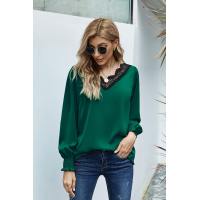 V Neck Lace Patchwork Green Blouse