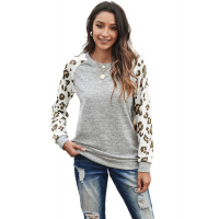 Gray Round Neck Leopard Long Sleeve Top