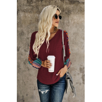 Wine Contrast Eyelet Thermal Knit Top